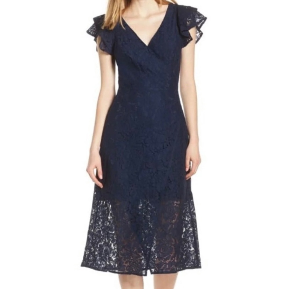 New! ALI & JAY Laces & Paper Flowers Ruffled Short Sleeve Midi Wrap Dress
